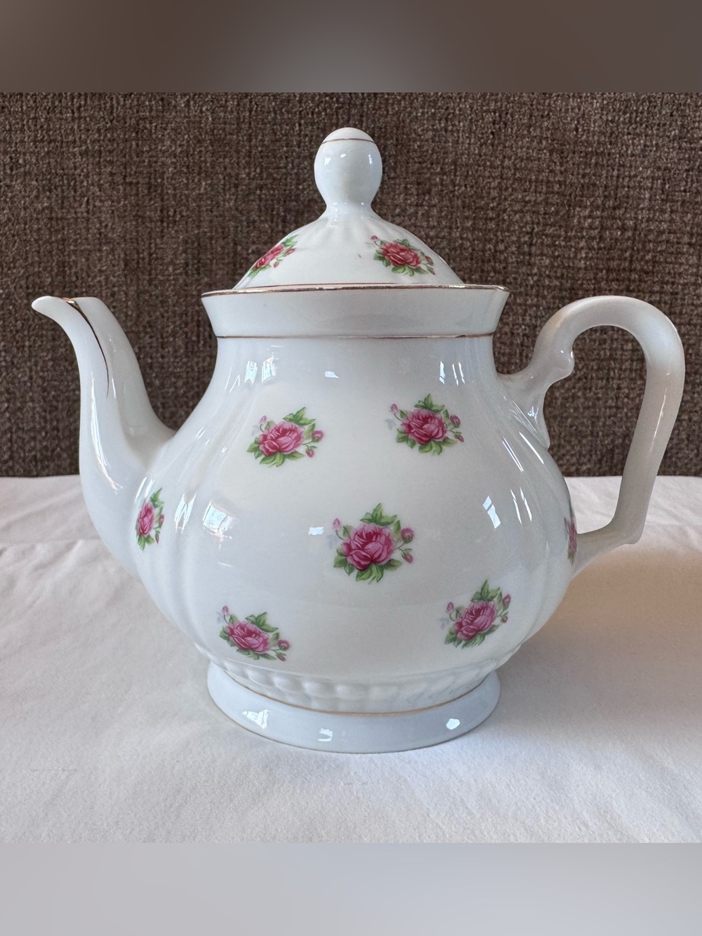 White Porcelain Teapot with Pink Rose Motif